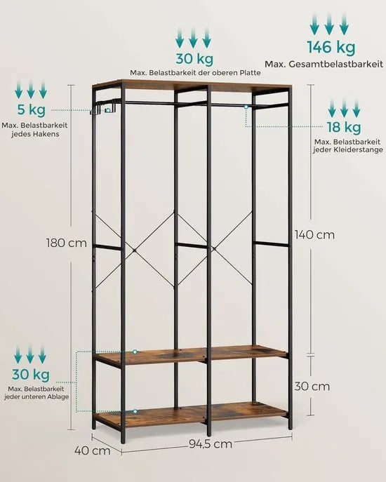 FurnStar - Kledinghangers - Kledingrek Metaal - Schoenenrek- Kledingkasten Slaapkamer - 40 x 94.5 x 180 cm - Kledingrek vintage