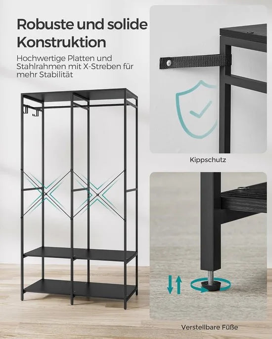 FurnStar - Kledinghangers - Kledingrek Metaal - Schoenenrek- Kledingkasten Slaapkamer - 40 x 94.5 x 180 cm - Kledingrek Zwart
