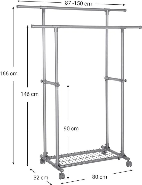 FurnStar - Kledinghangers - Kledingrek Metaal - Schoenenrek - Kledingkasten Slaapkamer - 87 tot 150 cm met wielen en opbergruimte - Kledingrek Sjaals Grijs