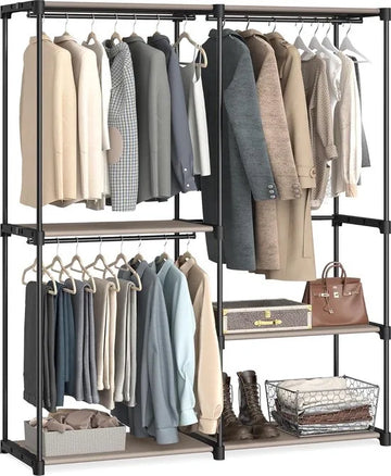 FurnStar - Kledingkast - kledingkast - vrijstaande garderobe - met kledingstangen - kapstok - stoffen planken - metalen frame - 138 x 43 x 182 cm - taupe
