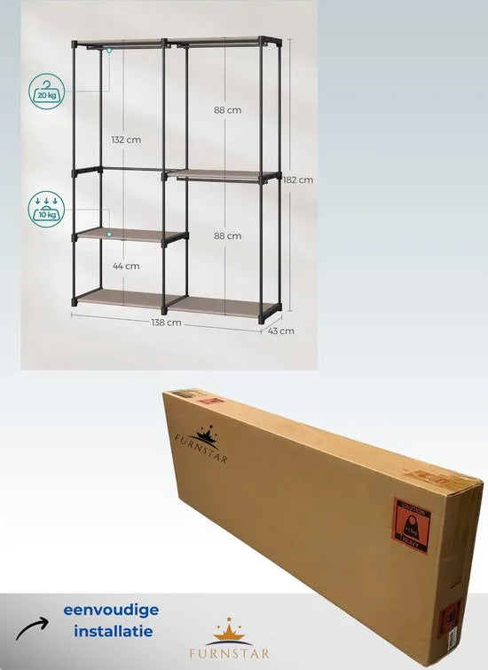 FurnStar - Kledingkast - kledingkast - vrijstaande garderobe - met kledingstangen - kapstok - stoffen planken - metalen frame - 138 x 43 x 182 cm - taupe