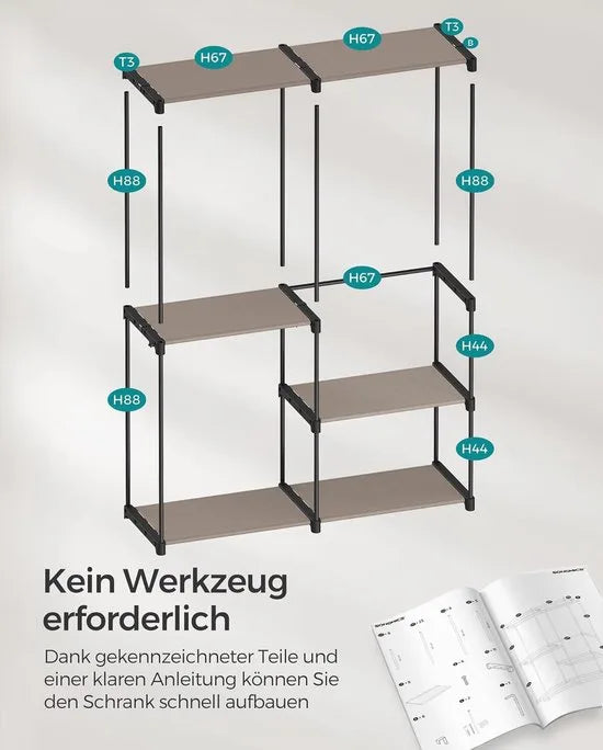 FurnStar - Kledingkast - kledingkast - vrijstaande garderobe - met kledingstangen - kapstok - stoffen planken - metalen frame - 138 x 43 x 182 cm - taupe