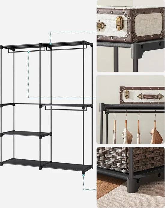 FurnStar - Kledingkast - kledingkast - vrijstaande garderobe - met kledingstangen - kapstok - stoffen planken - metalen frame - 138 x 43 x 182 cm - Zwart