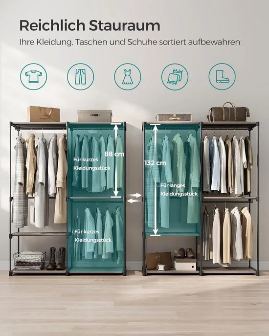 FurnStar - Kledingkast - kledingkast - vrijstaande garderobe - met kledingstangen - kapstok - stoffen planken - metalen frame - 138 x 43 x 182 cm - Zwart – Taupe