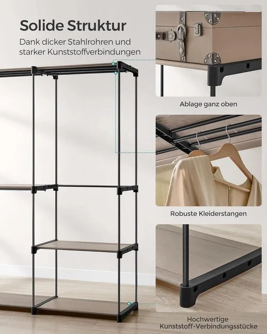 FurnStar - Kledingkast - kledingkast - vrijstaande garderobe - met kledingstangen - kapstok - stoffen planken - metalen frame - 138 x 43 x 182 cm - taupe