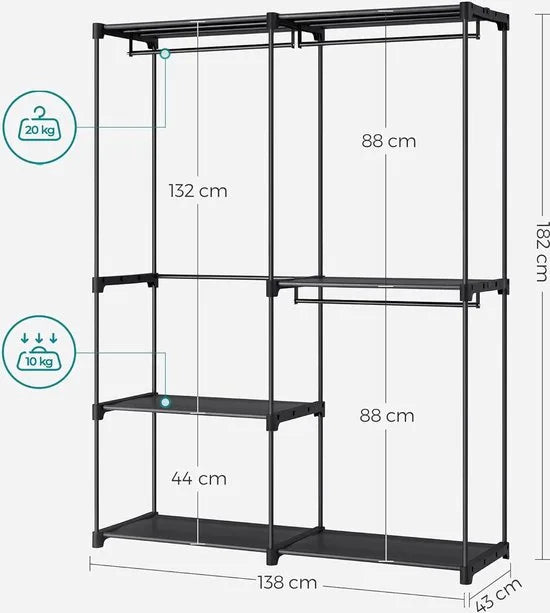 FurnStar - Kledingkast - kledingkast - vrijstaande garderobe - met kledingstangen - kapstok - stoffen planken - metalen frame - 138 x 43 x 182 cm - Zwart