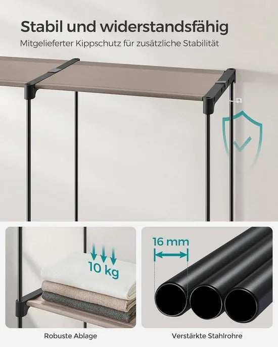FurnStar - Kledingkast - kledingkast - vrijstaande garderobe - met kledingstangen - kapstok - stoffen planken - metalen frame - 138 x 43 x 182 cm - taupe