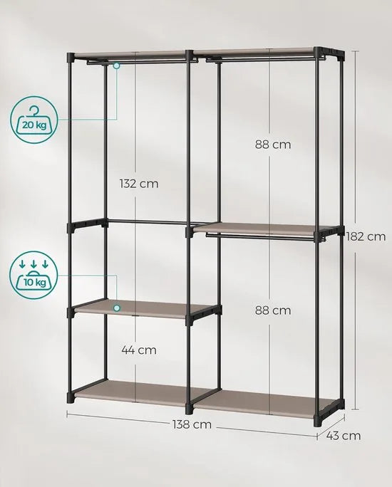 FurnStar - Kledingkast - kledingkast - vrijstaande garderobe - met kledingstangen - kapstok - stoffen planken - metalen frame - 138 x 43 x 182 cm - taupe