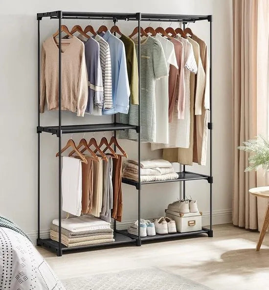 FurnStar - Kledingkast - kledingkast - vrijstaande garderobe - met kledingstangen - kapstok - stoffen planken - metalen frame - 138 x 43 x 182 cm - Zwart