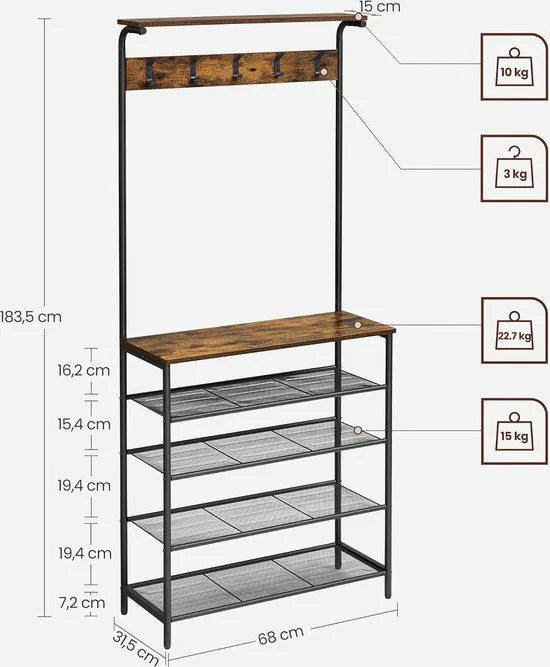 FurnStar - Kledingrek - halboom met schoenenopberger - schoenenrek met 5 niveaus - verschillende hoogtes - 5 dubbele haken - bovenste plank - slaapzaal in de gang industrieel rustiek - bruin en zwart