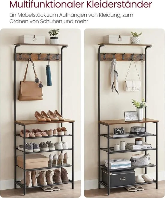 FurnStar - Kledingrek - halboom met schoenenopberger - schoenenrek met 5 niveaus - verschillende hoogtes - 5 dubbele haken - bovenste plank - slaapzaal in de gang industrieel rustiek - bruin en zwart
