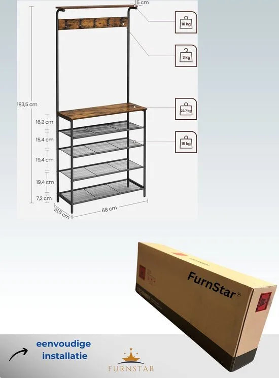 FurnStar - Kledingrek - halboom met schoenenopberger - schoenenrek met 5 niveaus - verschillende hoogtes - 5 dubbele haken - bovenste plank - slaapzaal in de gang industrieel rustiek - bruin en zwart