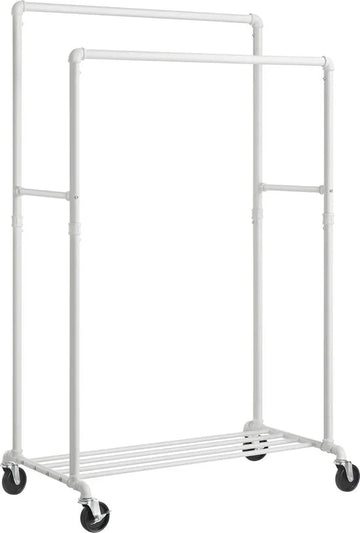 FurnStar - Kledingrek - Kapstok met dubbele 100 cm lange ophangrails - Metalen frame - met wielen en opbergplank - 2 zwenkwielen met rem - Maximale belasting van 90 kg - 59 x 100 x 162 cm - Wit