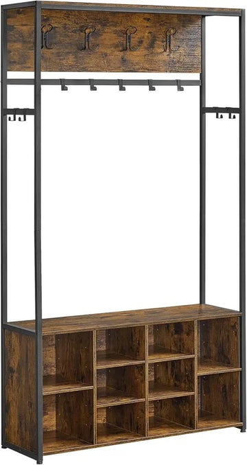 FurnStar Kledingrek – Kapstok met Schoenenrek – Open Vakken & Kledinghaken – Verstelbare Planken – Industriële Stijl – Voor Hal en Entree – Vintage Bruin-Zwart