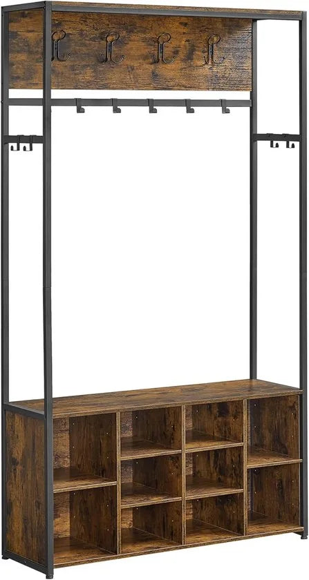 FurnStar Kledingrek – Kapstok met Schoenenrek – Open Vakken & Kledinghaken – Verstelbare Planken – Industriële Stijl – Voor Hal en Entree – Vintage Bruin-Zwart