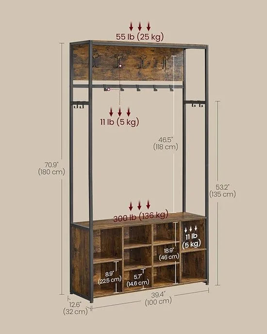FurnStar Kledingrek – Kapstok met Schoenenrek – Open Vakken & Kledinghaken – Verstelbare Planken – Industriële Stijl – Voor Hal en Entree – Vintage Bruin-Zwart