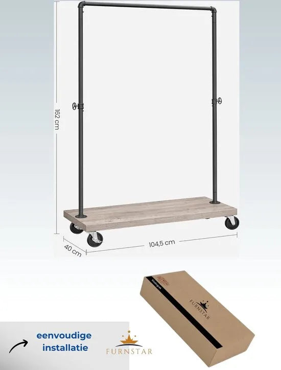 FurnStar - Kledingrek - kledinghangers - Clothes Rack on Wheels - Engineered Wood Alloy Steel - 103,5 x 40 x 162 cm - Grijs / Zwart.