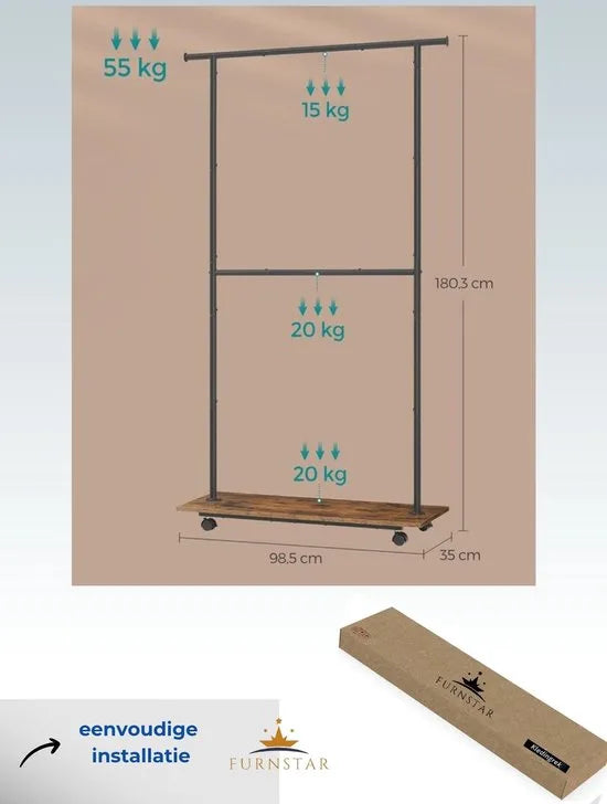 FurnStar - Kledingrek -Kledinghangers - Dubbele Kapstok Met Zwenkwielen En Plank - ‎35 x 98.5 x 18.3 cm - Rustiek Bruin En Inktzwart