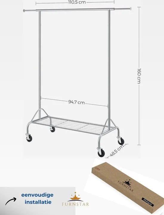 FurnStar - Kledingrek - Kledinghangers -Kledingrek op wielen - Eenvoudige montage - Industriële stijl -50 kg draagvermogen - Lengte 109-149 cm - Chroom