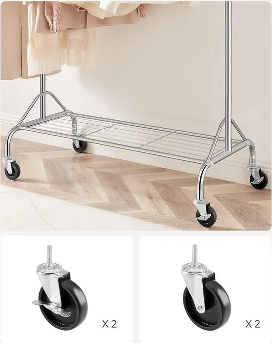 FurnStar - Kledingrek - Kledinghangers -Kledingrek op wielen - Eenvoudige montage - Industriële stijl -50 kg draagvermogen - Lengte 109-149 cm - Chroom