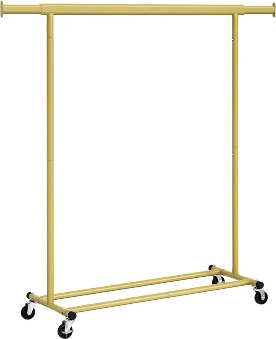 FurnStar - Kledingrek - Kledinghangers - Kledingrek op wieltjes - Kledingrek metaal - Kledingroede voor zwaar gebruik - Met uitschuifbare ophangrail - 90 kg draagvermogen - Eenvoudige montage - Draagb – Goud 132 x 45.4 x 160cm
