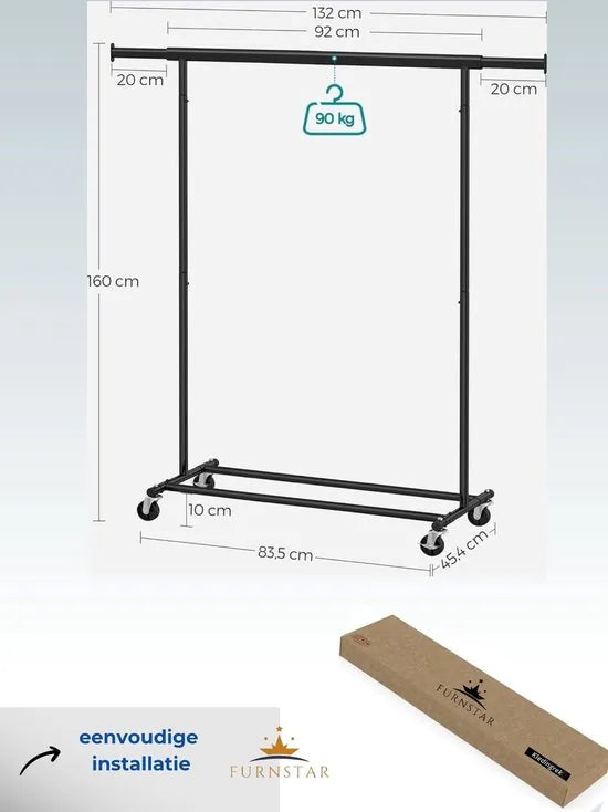 FurnStar - Kledingrek - Kledinghangers - Kledingrek op wieltjes - Kledingrek metaal - Kledingroede voor zwaar gebruik - Met uitschuifbare ophangrail - 90 kg draagvermogen - Eenvoudige montage - Draagb – Zwart