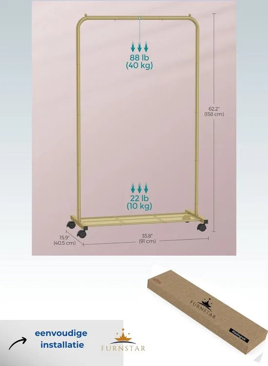 FurnStar - Kledingrek - kledinghangers - kledingrek op wieltjes - kledingrek metaal - 40 kg draagvermogen - met opbergplank - eenvoudige montage - draagbaar - 40.5 x 91 x 158 cm - Roze – Goud