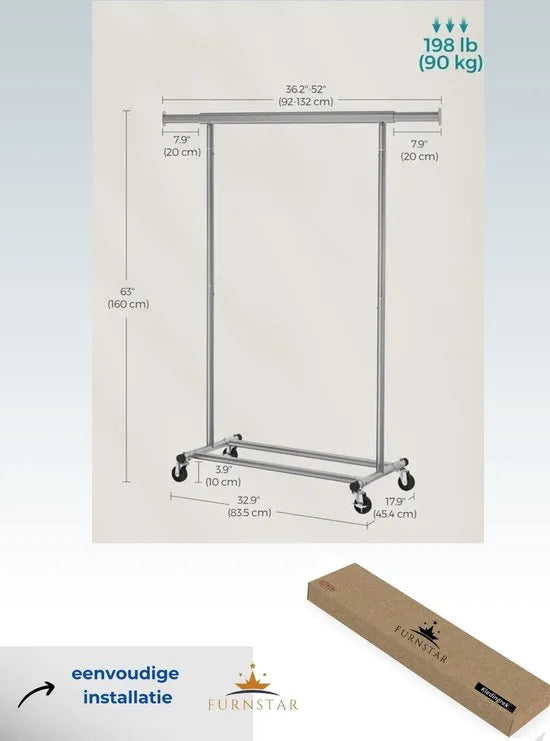 FurnStar - Kledingrek - Kledinghangers - Kledingrek op wieltjes - Kledingrek metaal - Kledingroede voor zwaar gebruik - Met uitschuifbare ophangrail - 90 kg draagvermogen - Eenvoudige montage - Draagbaar - 132 x 45.4 x 160 cm – Grijs