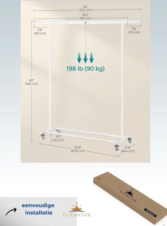 FurnStar - Kledingrek - Kledinghangers - Kledingrek op wieltjes - Kledingrek metaal - Kledingroede voor zwaar gebruik - Met uitschuifbare ophangrail - 90 kg draagvermogen - Eenvoudige montage - Draagbaar - 132 x 45.4 x 160 cm –Wit