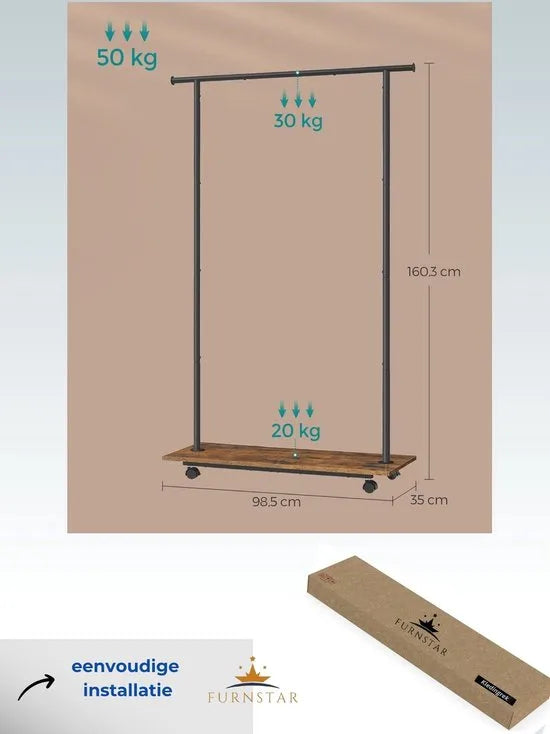 FurnStar - Kledingrek - Kledinghangers - Kledingrek op Wieltjes - Kledingrek Metaal - ‎‎35 x 98,5 x 160,3 cm - Kledingrek Zwart