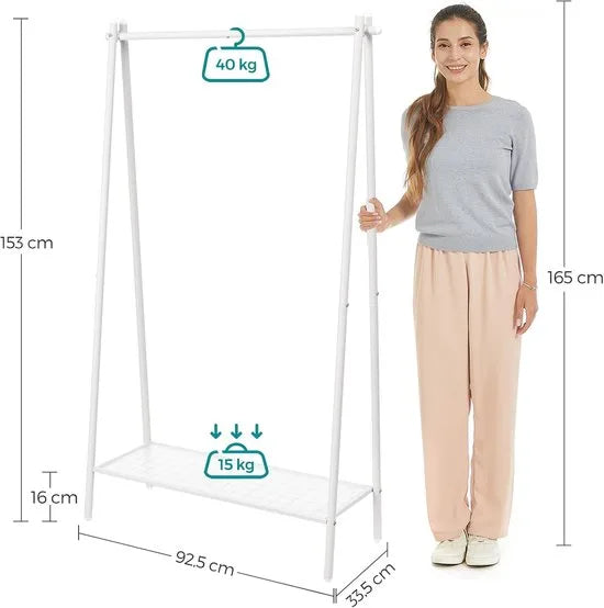 FurnStar - Kledingrek - Kledingrek met stalen frame - met ophangrail en plank - 33,5 x 92,5 x 153 cm - voor slaapkamer, kleedkamer, wasruimte - Wit