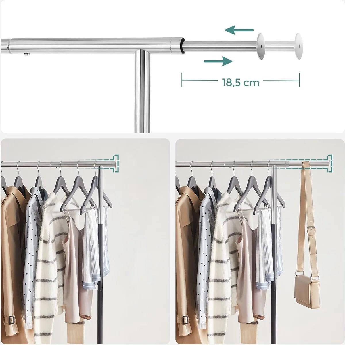 FurnStar - Kledingrek - Kledingrek op wielen - Met kledingstang - Draagvermogen tot 25 kg - In hoogte verstelbaar - Silver/Zwart