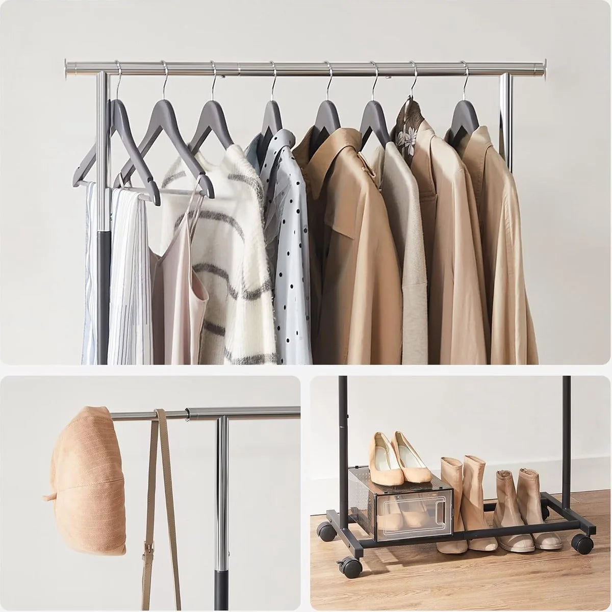 FurnStar - Kledingrek - Kledingrek op wielen - Met kledingstang - Draagvermogen tot 25 kg - In hoogte verstelbaar - Silver/Zwart
