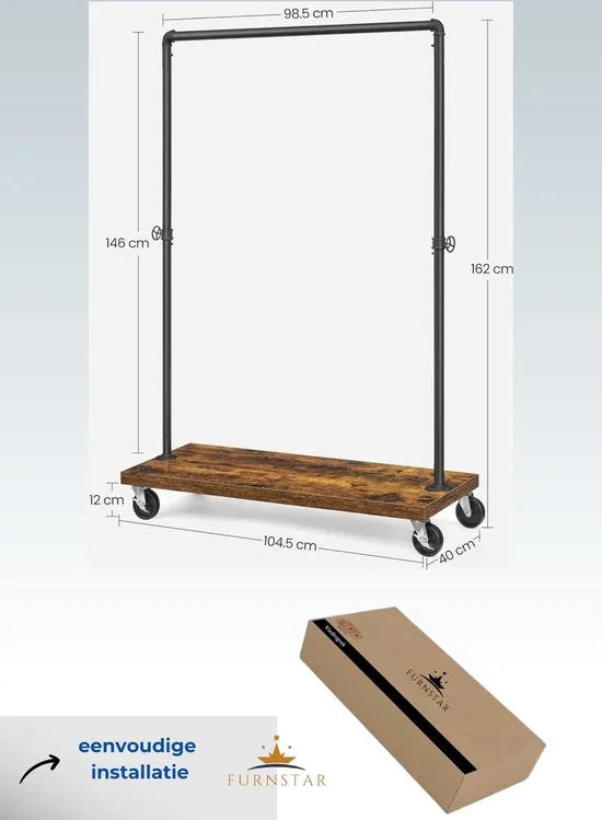FurnStar - Kledingrek - Kledingrek op wielen - Spaanplaat en staal - Met legplanken en stang - Eenvoudige montage - Industriële stijl - 103,5x40x162 cm - Bruin/Zwart