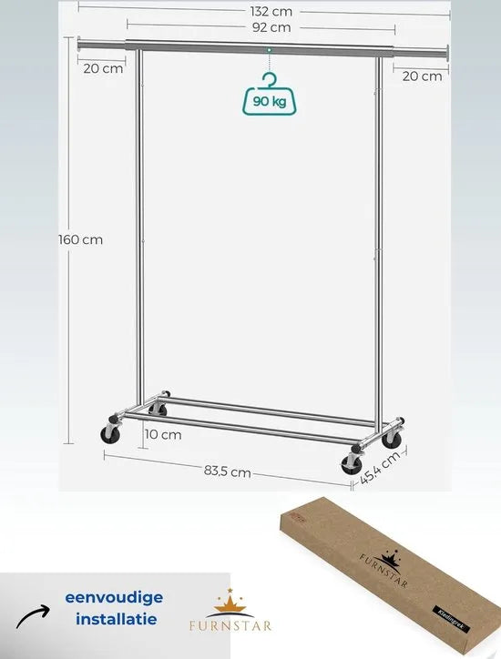FurnStar - Kledingrek - kledingrek op wieltjes - kledingrek metaal - Kledingroede voor zwaar gebruik - met uitschuifbare ophangrail - kledinghangers - 90 kg draagvermogen - eenvoudige montage - draagbaar - 132 x 45.4 x 160 cm - zilver
