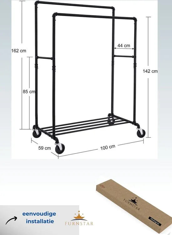 FurnStar - Kledingrek - Kledingrek op wieltjes - Metaal - 163 x 100 x 59 cm