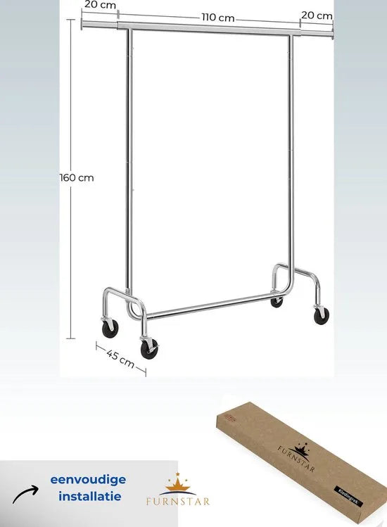 FurnStar - Kledingrek - Kledingrek op wieltjes - Metaal - Zilver - 160 x 110 x 45 cm