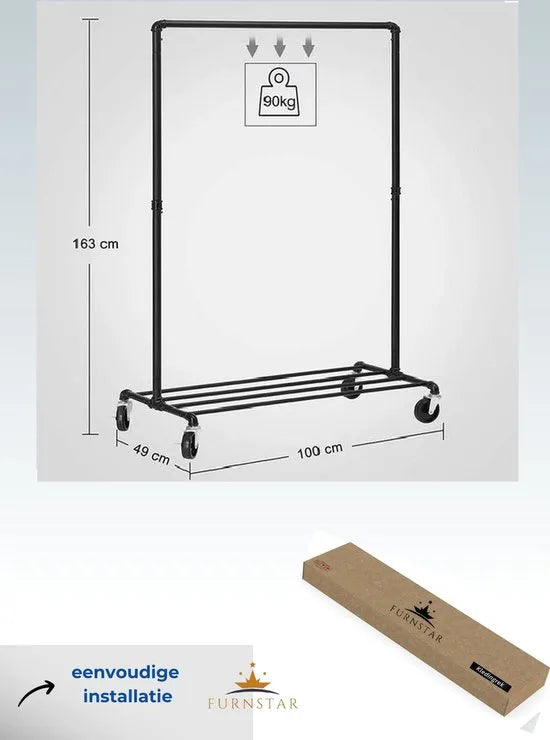 FurnStar - Kledingrek - Kledingrek op wieltjes - Metaal - 163 x 100 x 59 cm – Zwart 163 x 100 x 49cm Zwart 163 x 100 x 49 cm (2059)