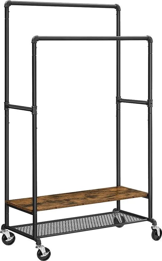 FurnStar Kledingrek - Kledingrek op wietjes - Kapstok met 2 planken - industrieel design - 51 x 100 x 150/175 cm - Vintage Bruin-Zwart