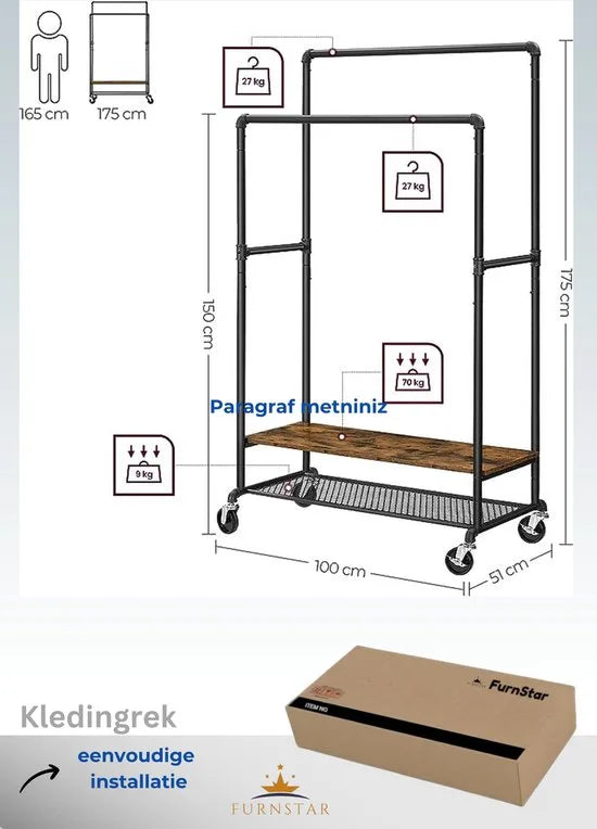 FurnStar Kledingrek - Kledingrek op wietjes - Kapstok met 2 planken - industrieel design - 51 x 100 x 150/175 cm - Vintage Bruin-Zwart