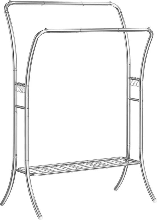 FurnStar - Kledingrek - kledingstang - 2 garderobestangen - kapstokken - garderobe van metaal - 6 haken - plank - kledingopslag voor slaapkamer - woonkamer - zilver