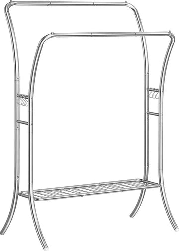 FurnStar - Kledingrek - kledingstang - 2 garderobestangen - kapstokken - garderobe van metaal - 6 haken - plank - kledingopslag voor slaapkamer - woonkamer - zilver