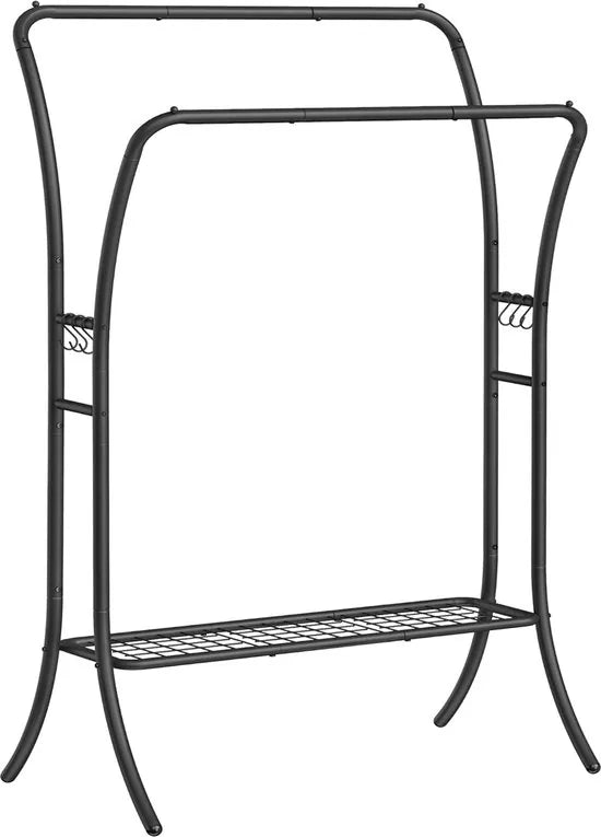 FurnStar - Kledingrek - kledingstang - 2 garderobestangen - kapstokken - garderobe van metaal - 6 haken - plank - kledingopslag voor slaapkamer - woonkamer - zwart