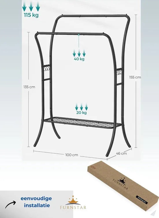 FurnStar - Kledingrek - kledingstang - 2 garderobestangen - kapstokken - garderobe van metaal - 6 haken - plank - kledingopslag voor slaapkamer - woonkamer - zwart