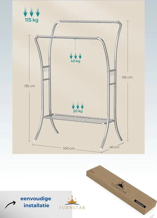 FurnStar - Kledingrek - kledingstang - 2 garderobestangen - kapstokken - garderobe van metaal - 6 haken - plank - kledingopslag voor slaapkamer - woonkamer - wit – Zilver