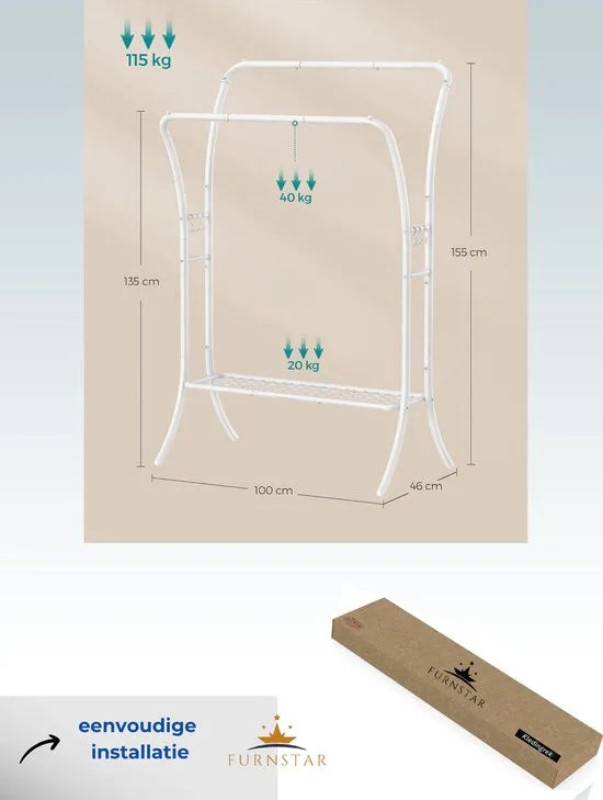 FurnStar - Kledingrek - kledingstang - 2 garderobestangen - kapstokken - garderobe van metaal - 6 haken - plank - kledingopslag voor slaapkamer - woonkamer - wit