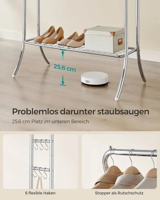 FurnStar - Kledingrek - kledingstang - 2 garderobestangen - kapstokken - garderobe van metaal - 6 haken - plank - kledingopslag voor slaapkamer - woonkamer - zilver