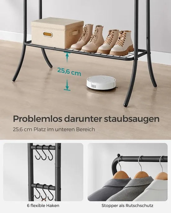 FurnStar - Kledingrek - kledingstang - 2 garderobestangen - kapstokken - garderobe van metaal - 6 haken - plank - kledingopslag voor slaapkamer - woonkamer - zwart