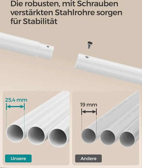 FurnStar - Kledingrek - kledingstang - 2 garderobestangen - kapstokken - garderobe van metaal - 6 haken - plank - kledingopslag voor slaapkamer - woonkamer - wit