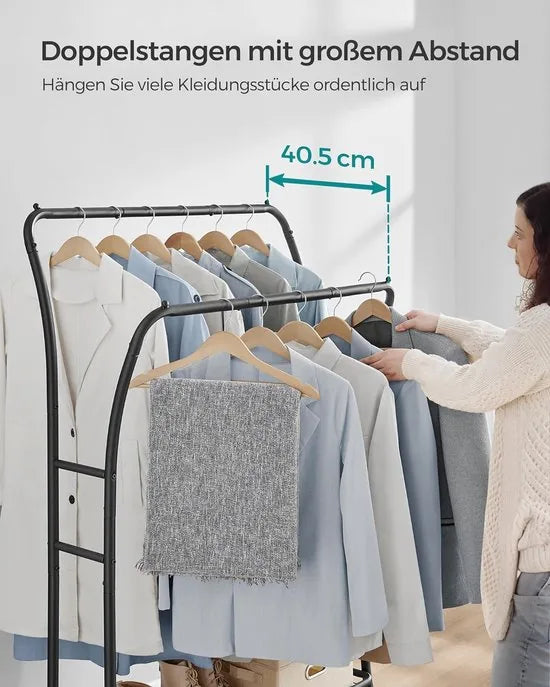 FurnStar - Kledingrek - kledingstang - 2 garderobestangen - kapstokken - garderobe van metaal - 6 haken - plank - kledingopslag voor slaapkamer - woonkamer - zwart